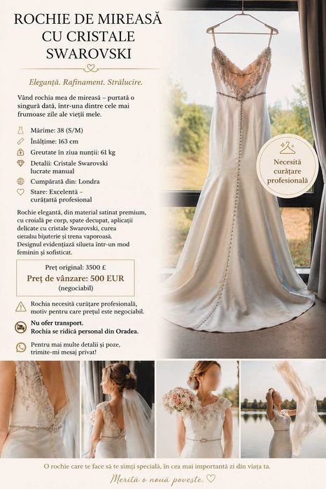 Rochie de mireasă cu cristale Swarovski – Mărimea 38 (S/M)