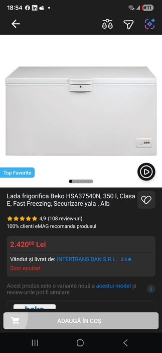 Lada frigorifica Beko HSA37540N, 350 l, Clasa E, Fast Freezing, Securi