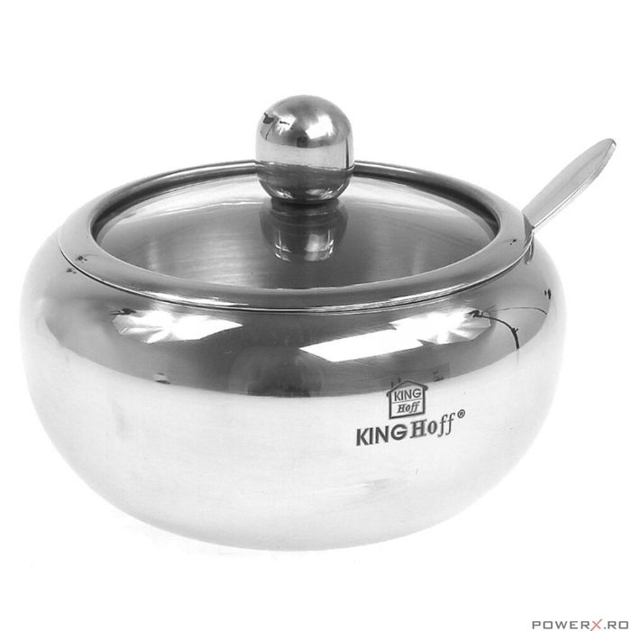 Recipient pentru zahar, sosuri, condimente, cu lingura si capac, inox,