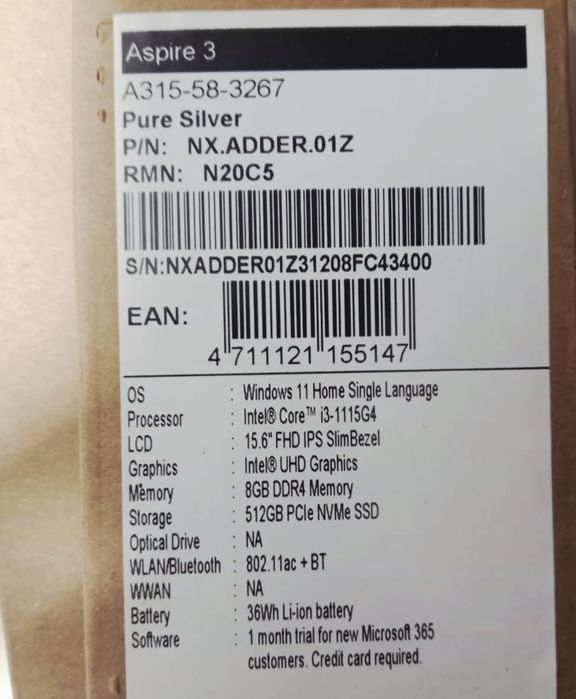 Acer Aspire 3x15 ssd512,ozu8!