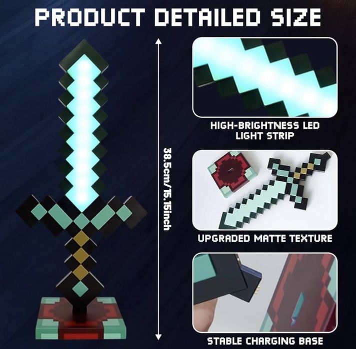 Лампа-меч Майнкрафт 40см с USB кабел, Minecraft Диамантен Меч Sword