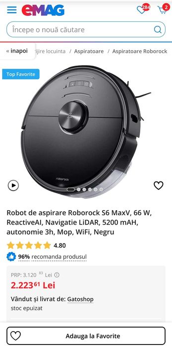 Robot de aspirare Roborock S6 MaxV ReactiveAI Navigatie LiDAR Mop WiFi