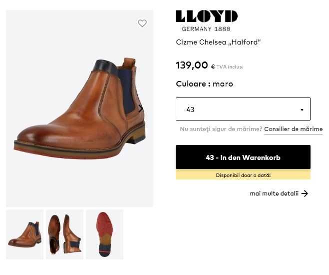 Ghete chelsea 44.5 45 plain toe premium LLOYD Germany NOI piele nat