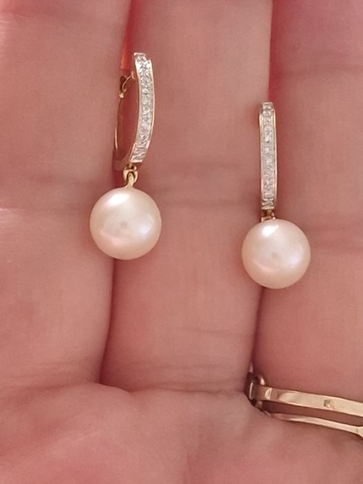 Cercei aur 14k diamante si perle de cultura