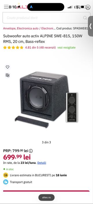 Vand subwoofer acitv Alpine 150W RMS