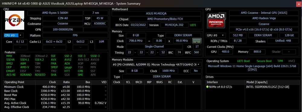 ASUS VivoBook M1403QA Ryzen 5 5600H 8GB 512GB SSD 14"