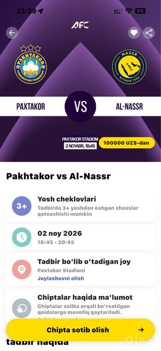 Pakhtakor- Al Nasr chipta (bilet)