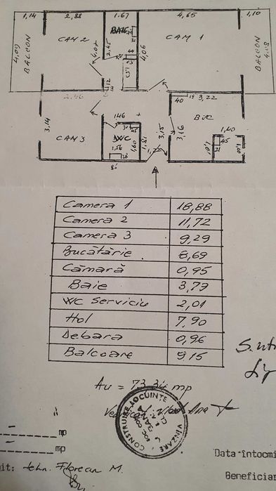 Apartament 3 camere, 2 bai, 2 balcoane, cartier Grigorescu 74 mp