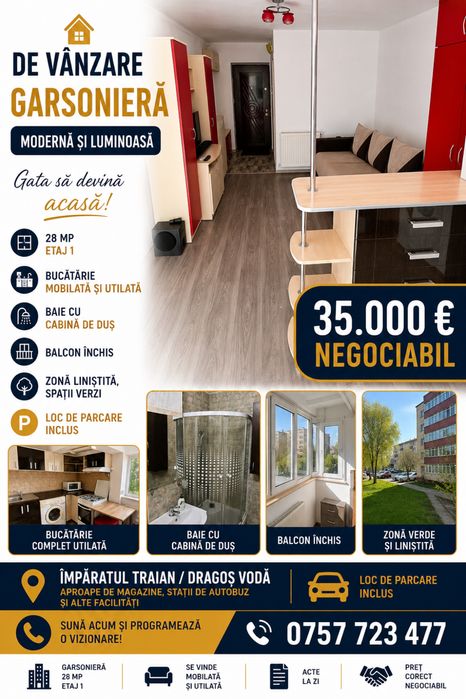 Garsonieră 28 mp, etaj 1, mobilată și utilată, loc de parcare – Împăratul Traian / Dragoș Vodă – 35.000 € negociabil”