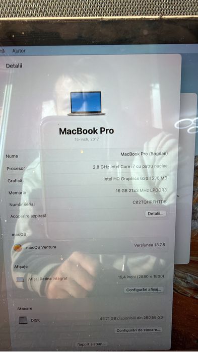 Macbook pro 15” 2017 i7 4nuclee 256 gb silver