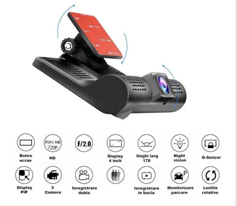 Camera video auto WDR tripla DVR Full HD 1080P 4 inch negru