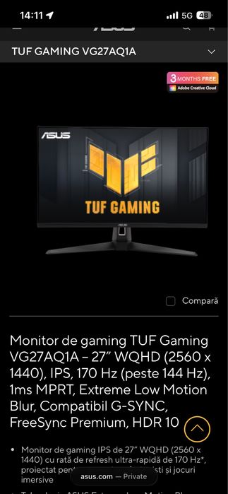 Monitor gaming asus vg27aq3a