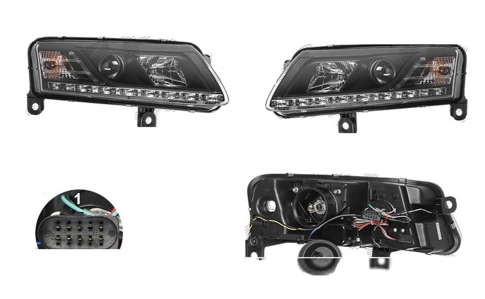 Set faruri Audi A6 (C6), 05.2004-10.2008, partea stanga+dreapta, Tuning, fata, cu lumina de zi; H1+H7+LED; manual/electric; negru, transparent; fara motor; cu becuri; tuning, Taiwan