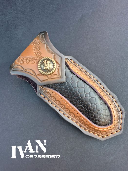 Сгъваем нож от дамаска стомана с кожена кания