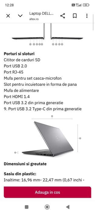 Laptop DELL Vostro 3520, Intel Core i5-1235U pana la 4.4 GHz, 15.6"