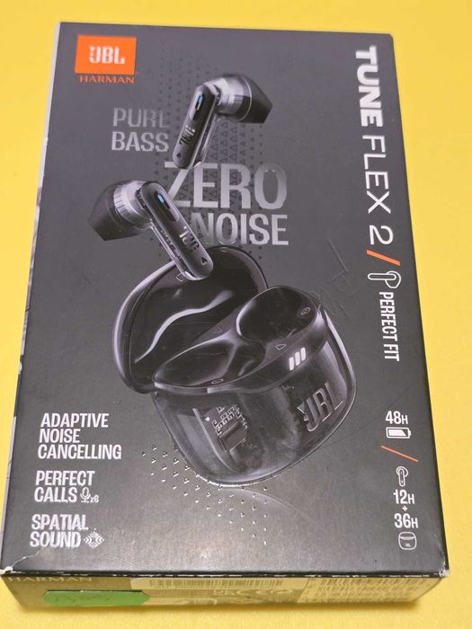 Casti JBL Tune Flex 2, Wireless, Bluetooth,  Microfon, Noise Cancelling, negru-transparent