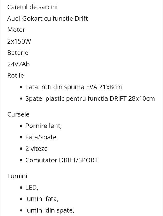 Kart Electric Audi Sport cu Functie DRIFT 24V 300W, 2 Viteze, LED