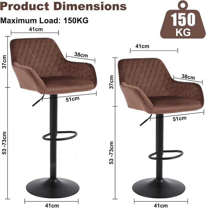 Set 2 scaune de bar maro, catifea, reglabile pe inaltime, rotative 360° – noi