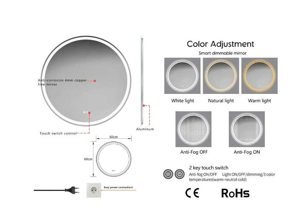 Oglinda LED rotunda 60cm, 1380 lm, 3 culori luminoase
