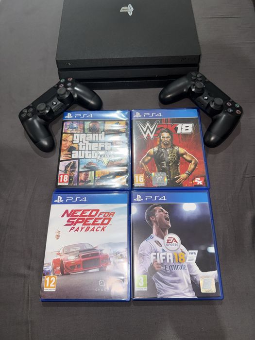 PlayStation 4 Pro (PS4 Pro) – като нов, с 2 джойстика + 4 игри /GTA V,                           Need for Speed Payback,   WWE 2K18,   FIFA 18/