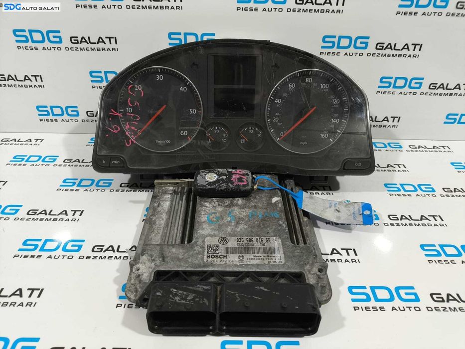 Kit Pornire Complet ECU Calculator Motor Ceas Ceasuri Instrumental Bord Cheie Chei Cip Imoblizator Volkswagen Golf 5 1.9 TDI 2004 - 2008 Cod 03G906016GR 0281012641 [L2282] [L2283]
