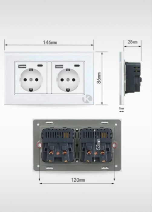 Priza dubla sticla cu USB X2 si USB-C X2