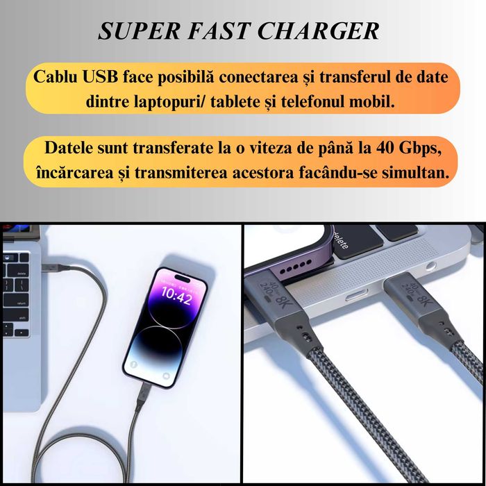 Cablu date USB cu Incarcare Rapida, 1,8 m, USB-C la USB-C, 8K 60Hz
