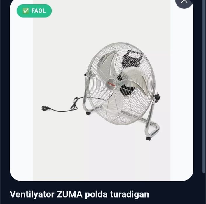 Ventilyator ZUMA polda turadigan premium
