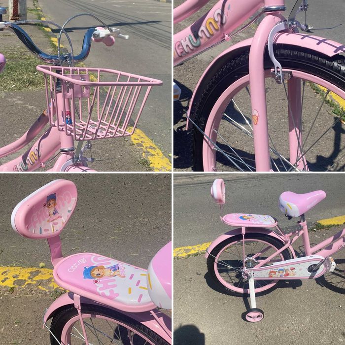 Bicicletă fetițe 4-7 ani, 16”, roți ajutătoare, coș/portbagaj metalic