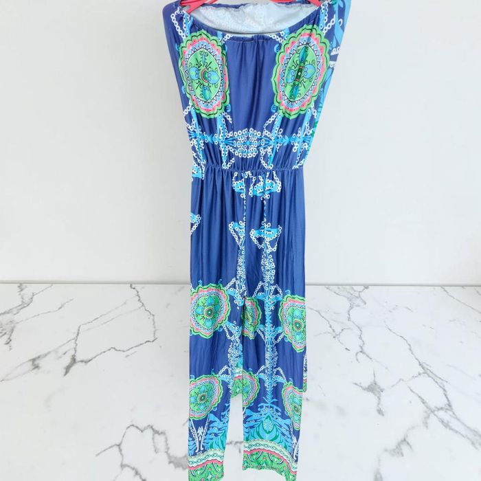 Salopetă de damă / Jumpsuit Casual – Print Mandala / Boho, Albastru cu Verde și Roz, Fără Mâneci