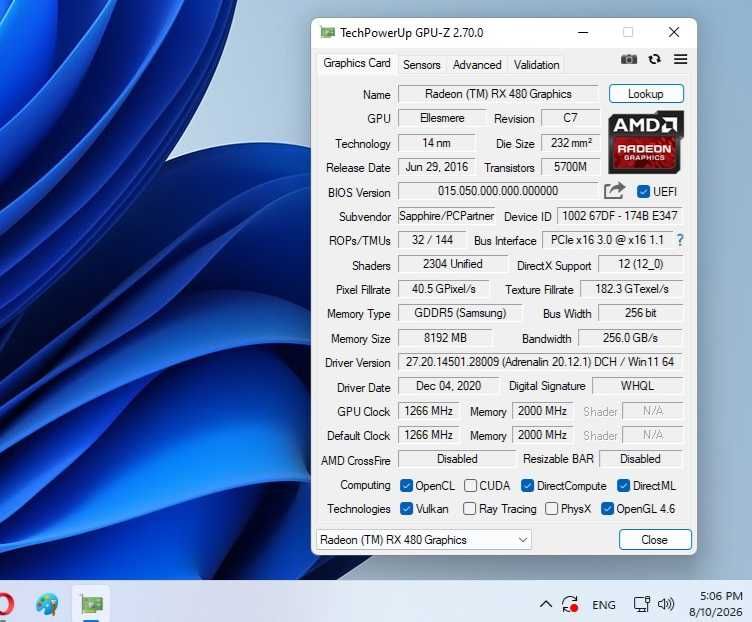 Placa video Sapphire NITRO+ RX 480 OC 8Gb ddr5