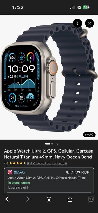 Apple Watch Ultra 2, GPS, Cellular, Carcasa Natural Titanium 49mm, Navy Ocean Band