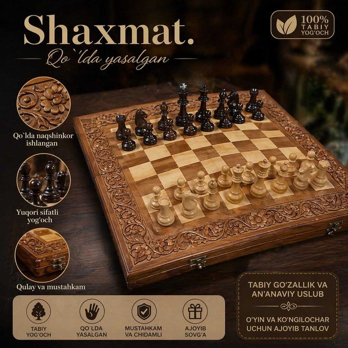 Qo`lda naqshinkor ishlangan shaxmat doskasi