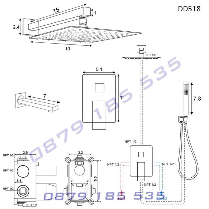 Луксозен душ система вграждане стенен смесител цвят хром слушалка пита