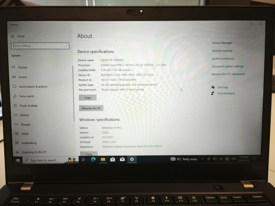 Lenovo T480s, 256 SSD, i7-8650, 8GB ram, Touchscreen