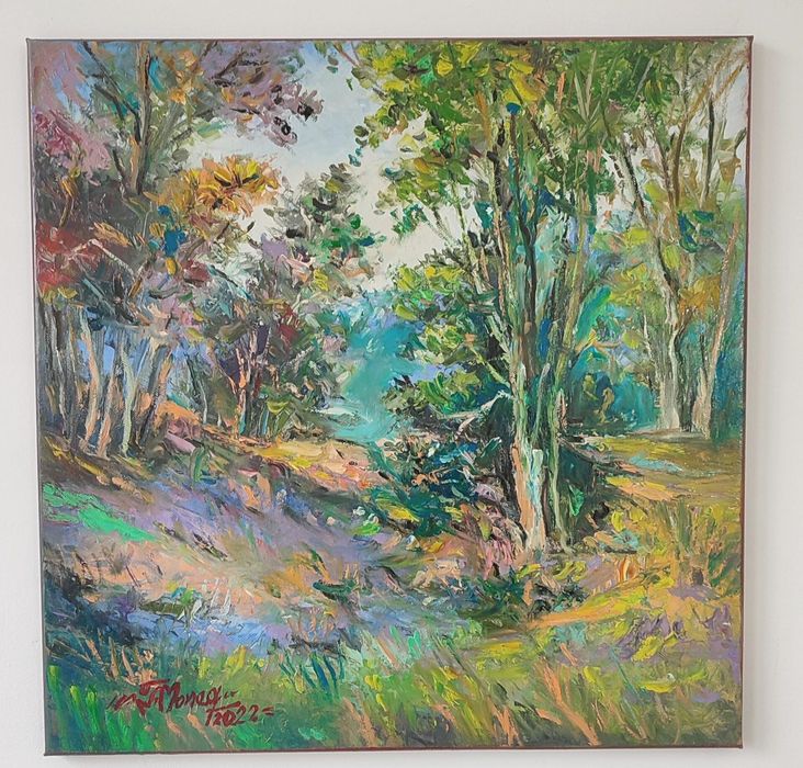 Tablou pictat manual ulei pe pânză "În mijlocul pădurii" 50x50 cm