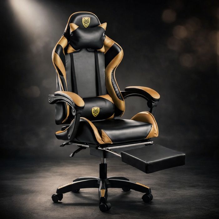 Черен геймърски стол с златисти акценти и разтегляема поставка за крак