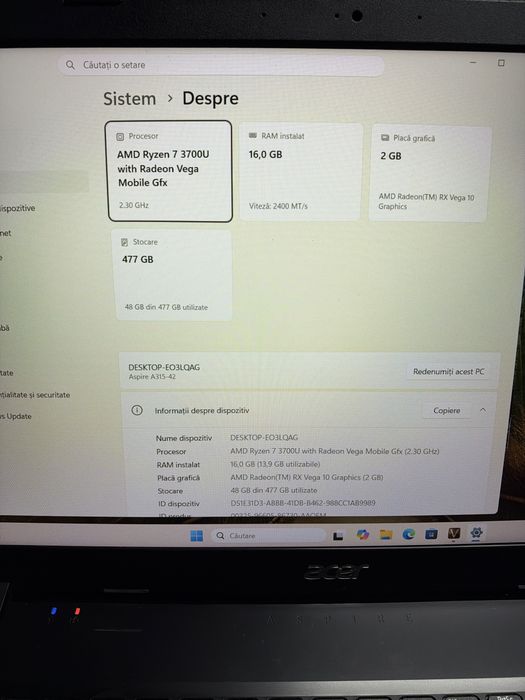 Laptop Acer Aspire 3 AMD Ryzen 7 16g 512g nvme RX Vega 2g 15.6 FHD