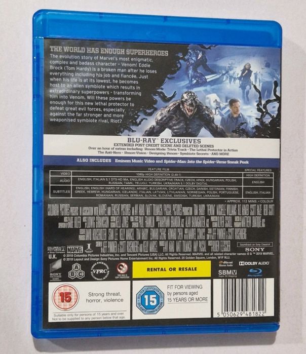 Venom BLU RAY Starring Tom Hardy