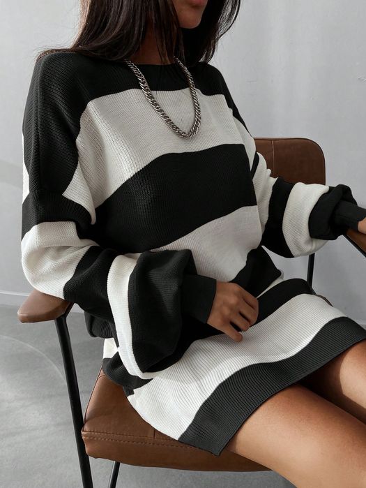 Дамска плетена туника oversize – черно/бяло райе