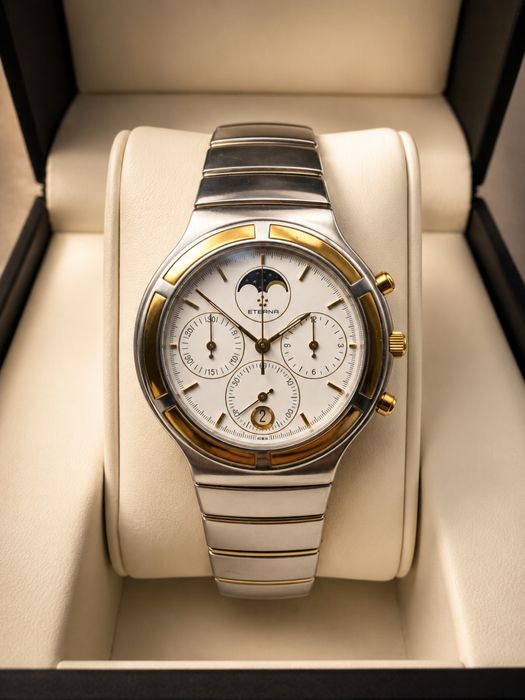 Eterna Air Force Moonphase Chronograph – 18K Gold & Steel | Rare 1990s Swiss Watch