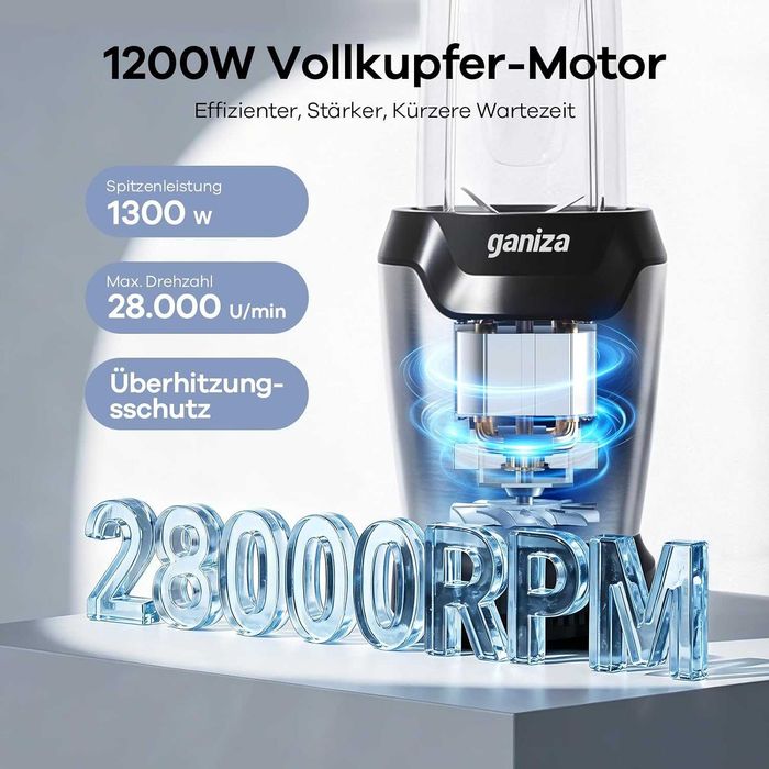 Ganiza блендер 1300W с 3 чаши + подарък термо контейнер