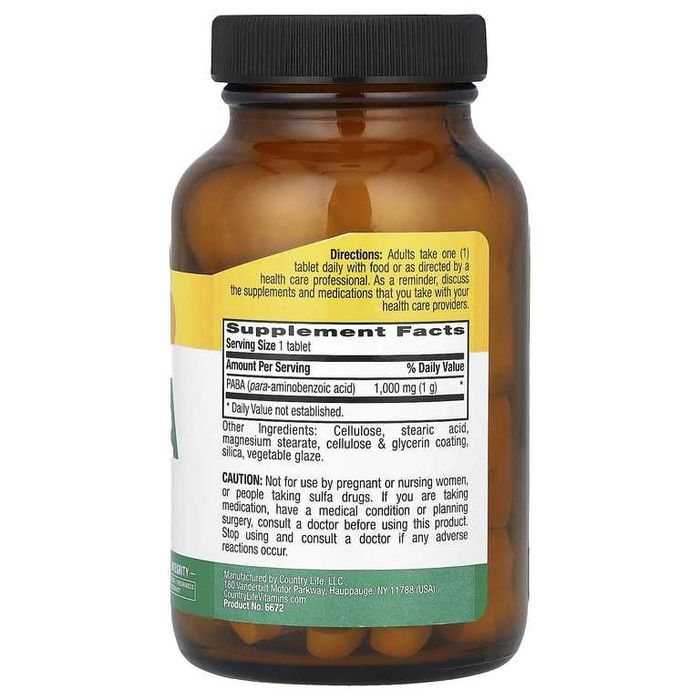 PABA 1000 мг  ПАБК (ПАБА) 60 таб Country Life Витамин B10