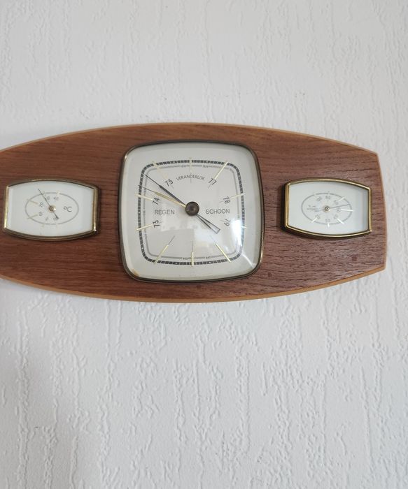 Stație meteo vintage din lemn – barometru, termometru, higrometru – an
