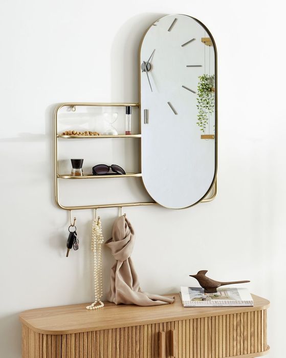 Oglindă de perete cu cârlige și rafturi din Metal Auriu,Beliani