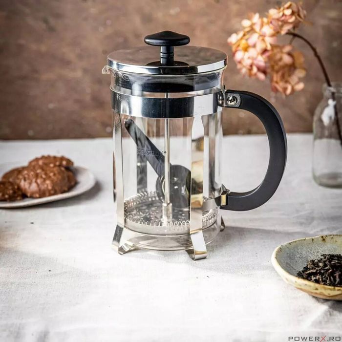 Infuzor ceai din sticla si inox,cu presa si lingurita, 0.6L, Kinghoff