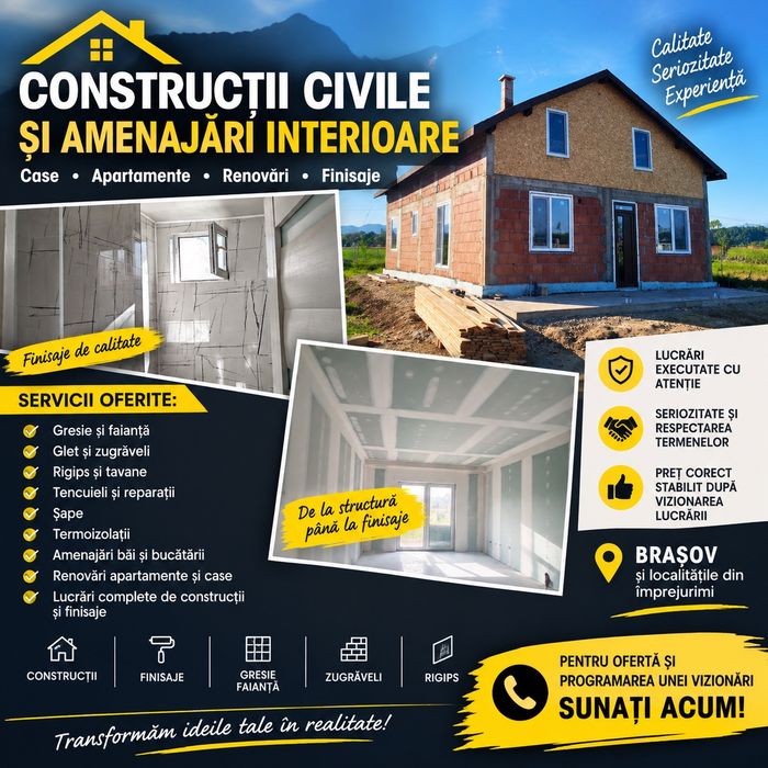 Execut lucrări de construcții și amenajări interioare în Brașov și împrejurimi.
