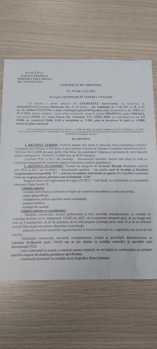 Particular vând teren intravilan construibil 1360 mp. în Breaza – Valea Târsei – 14euro/mp.