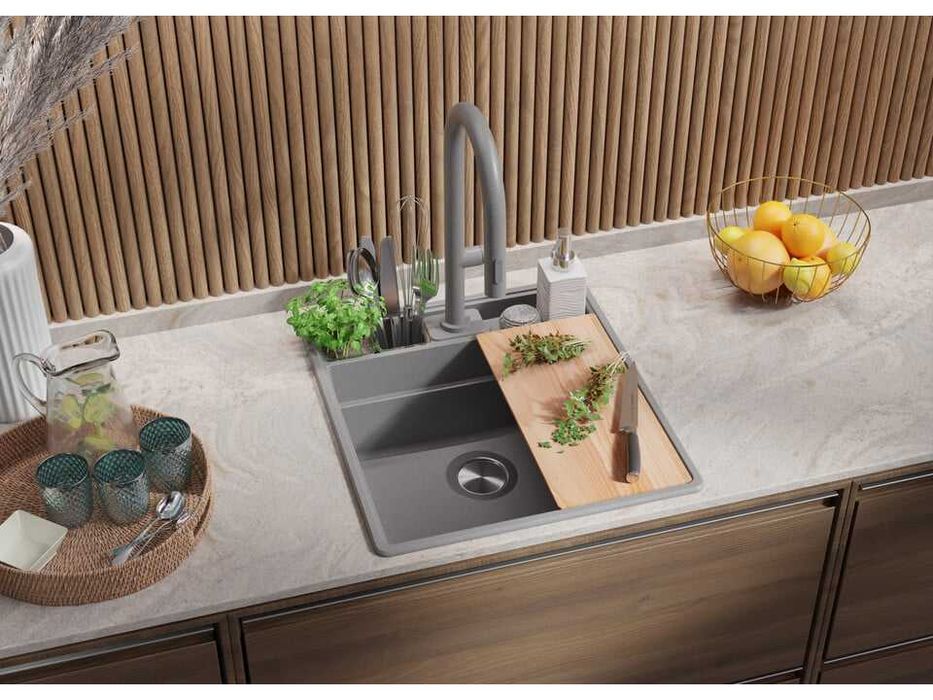 Сива кухненска гранитна мивка Ню Йорк 50 Multispace 480 x 530 мм