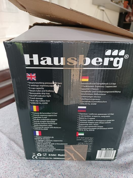 Espressor Hausberg HB-3710 Espresso/Cappuccino, 650W, testat și funcțional, cu cutie